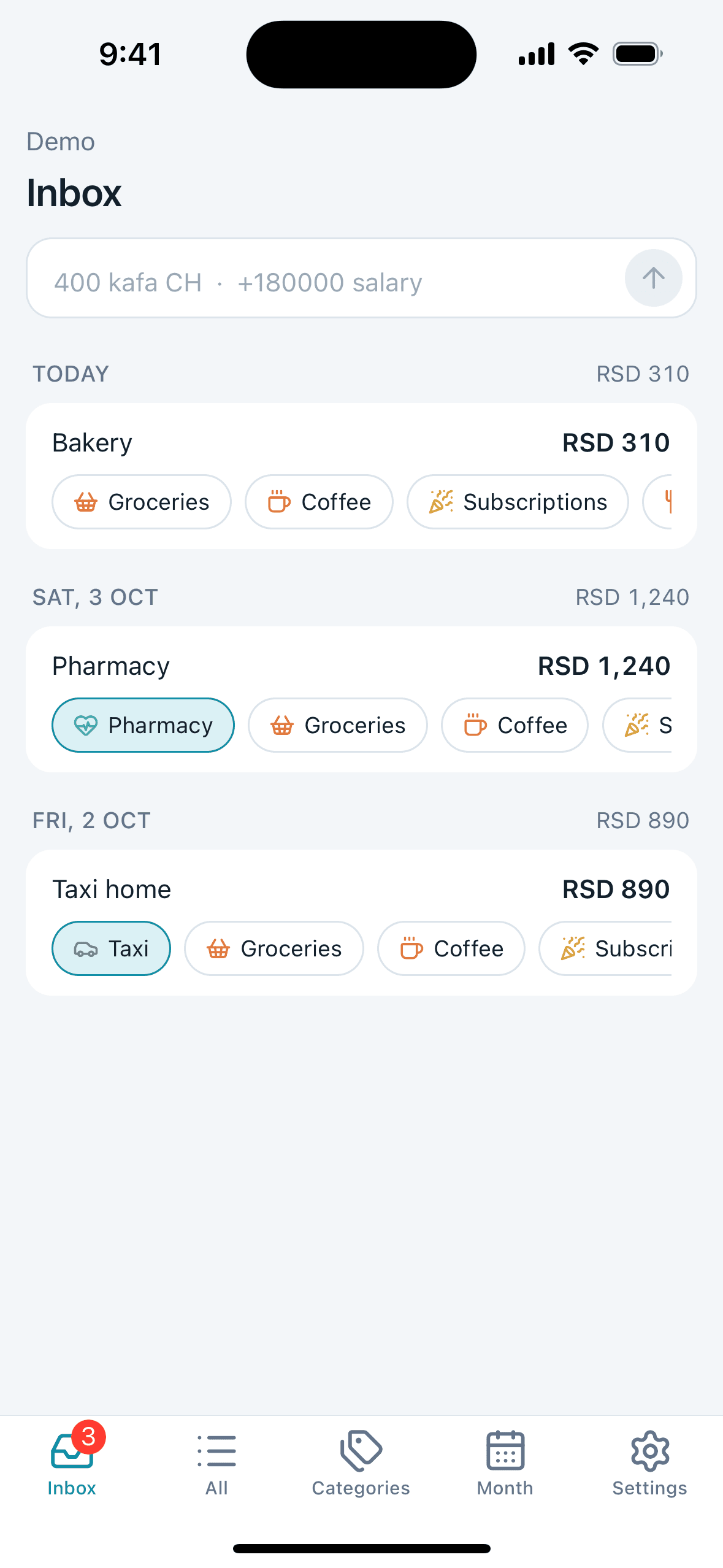 Outlay inbox with three new entries